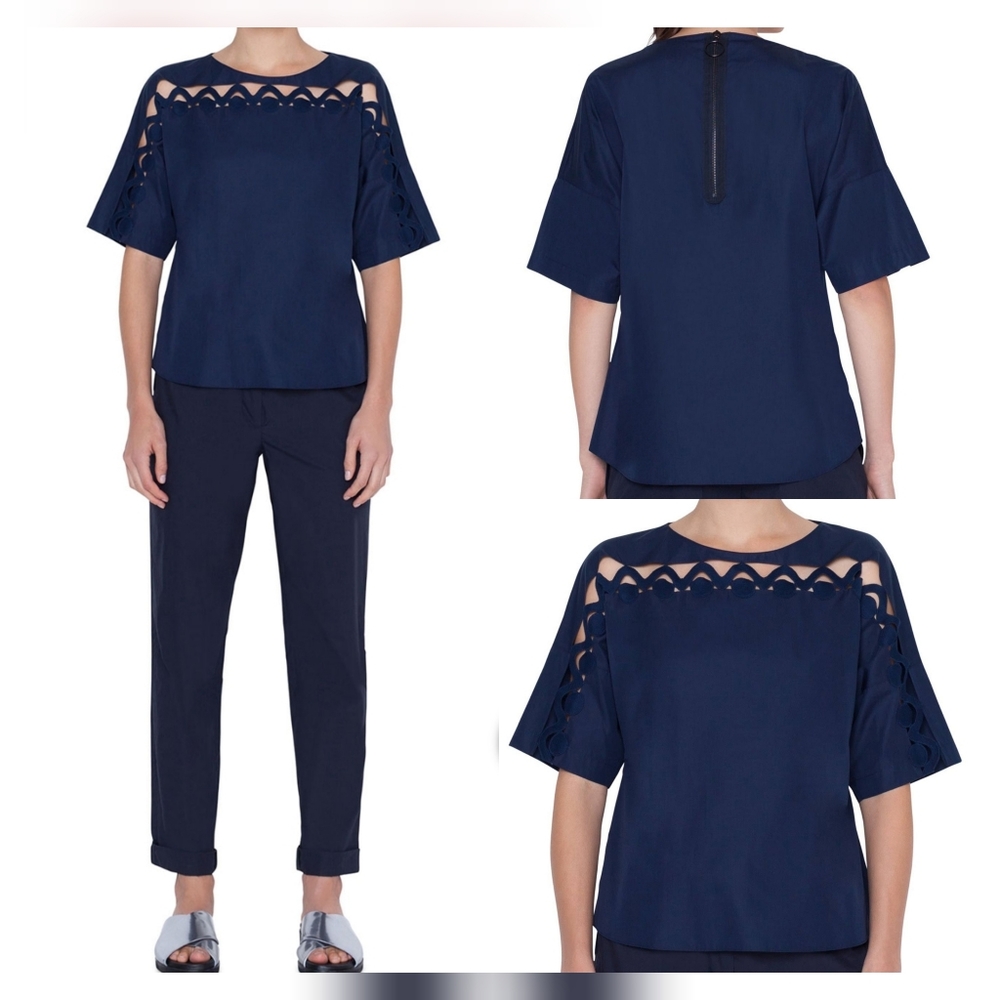 Akris Punto Blue Short-Sleeve Scalloped Cotton Blouse